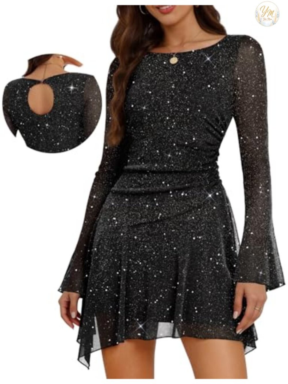 Sparkly Homecoming Dress Short Bell Sleeves Ruched Waist Mini Party
